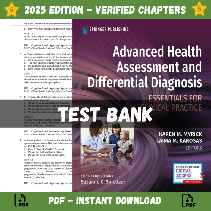 Test Bank - Advanced Health Assessment and Differential Diagnosis Essentials for Clinical Practice 1st Edition (Myrick, 2024)