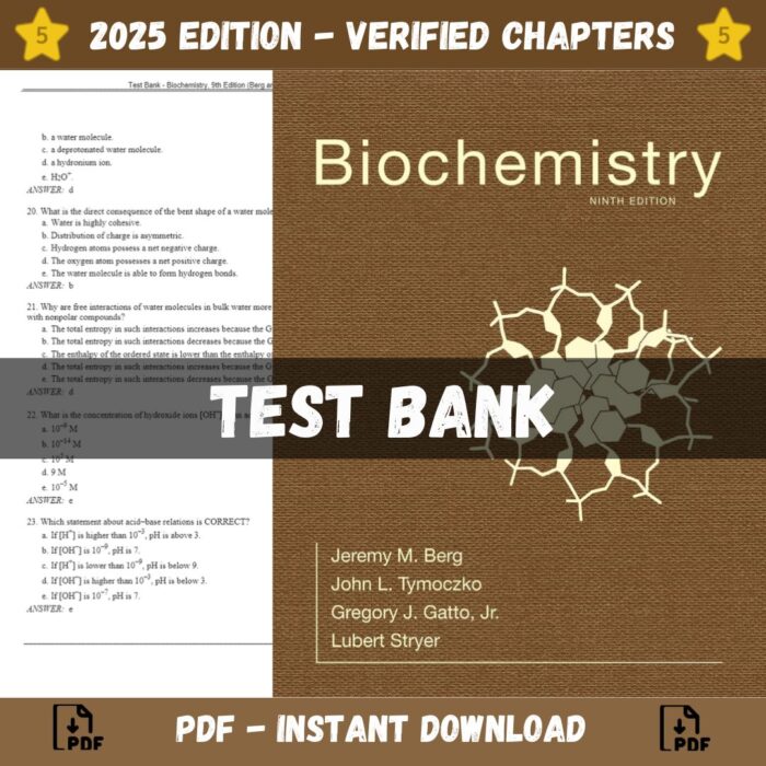 Test Bank – Biochemistry, 9th Edition (Berg and Stryer, 2020)