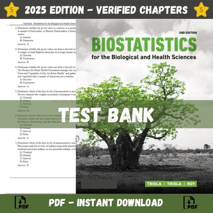 Test Bank – Biostatistics for the Biological and Health Sciences, 2nd Edition (Triola, 2018)