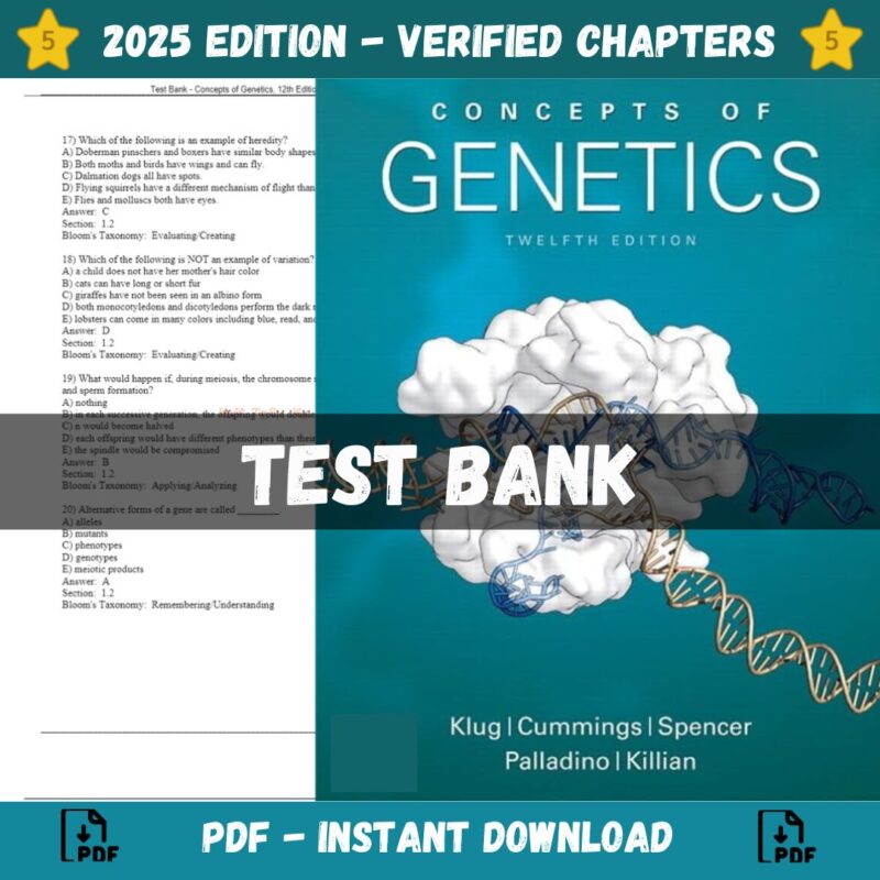 Test Bank – Concepts of Genetics, 12th Edition (Klug, 2019)