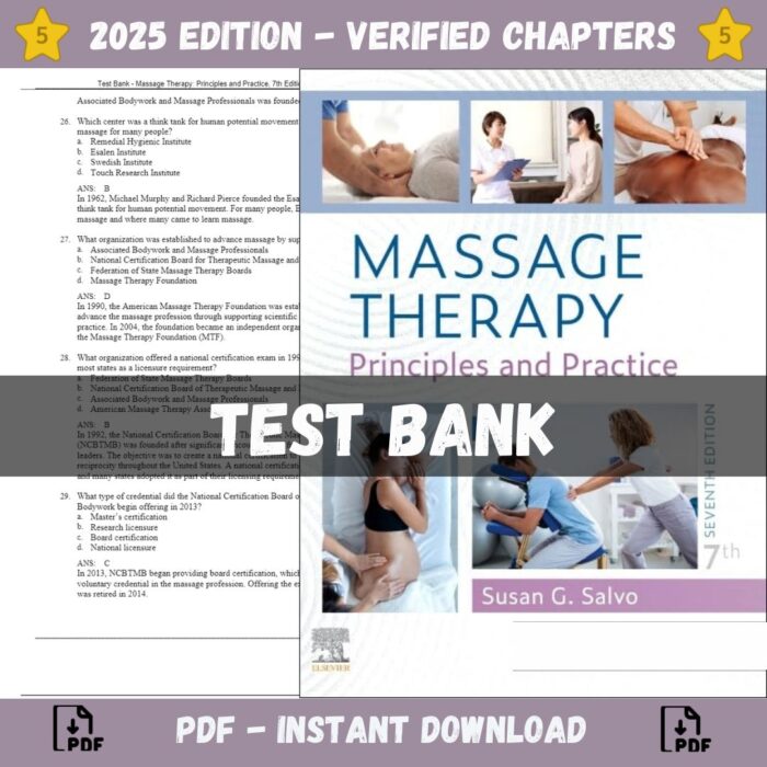 Test Bank – Massage Therapy-Principles and Practice, 7th Edition (Salvo, 2023)