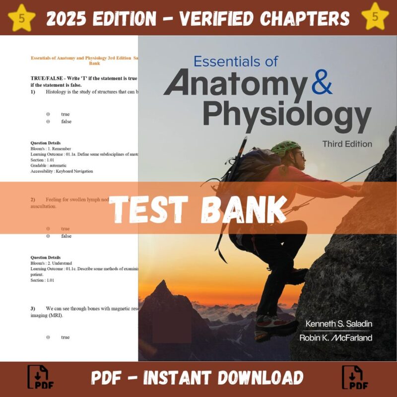 Test bank - Essentials of Anatomy & Physiology 3rd Edition (Kenneth Saladin, 2022)