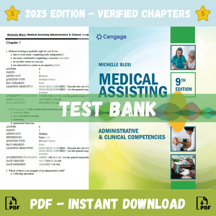 Test Bank - For Medical Assisting Administrative & Clinical Competencies, 9th Edition (Michelle Blesi, 2024)