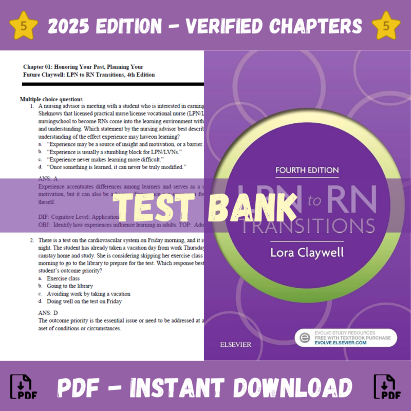 Test Bank - LPN to RN Transitions, 4th Edition (Lora Claywell, 2024)