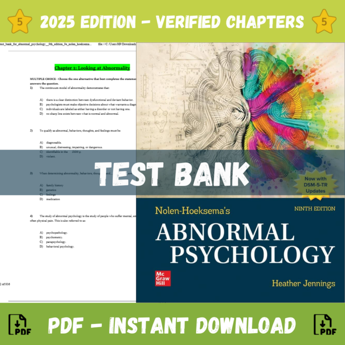 Test Bank - Nolen-Hoeksema's Abnormal Psychology, 9th Edition (Susan, Nolen-Hoeksema - 2022)