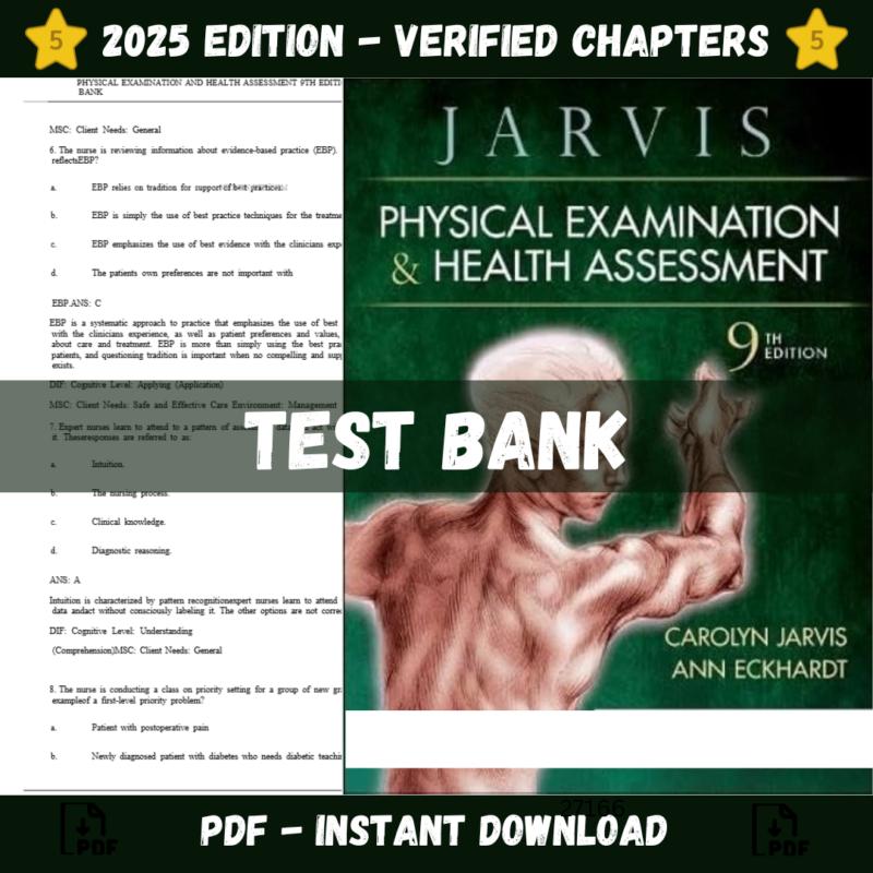 Test Bank, Physical Examination and Health Assessment, 9th Edition, Carolyn Jarvis, Nursing Education, Health Assessment, Physical Examination, Clinical Skills, Nursing Practice, Patient Care, Healthcare Education, Exam Preparation, Nursing Students, Medical Training, Higher Education, Course Materials, Evidence-Based Practice, Clinical Judgemen