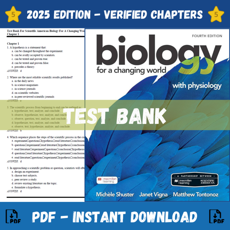 Test Bank - Scientific American Biology for a Changing World with Physiology, 4th Edition (Michele Shuster, 2021)