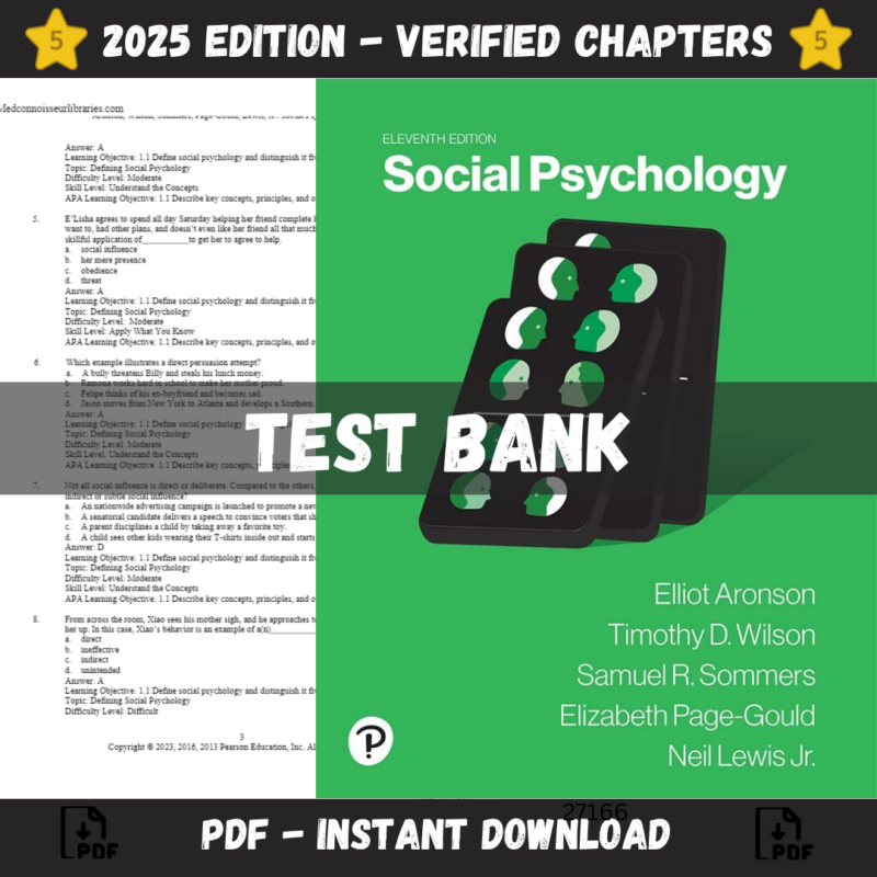 test Bank - Social Psychology 11th Edition (Aronson, 2024)