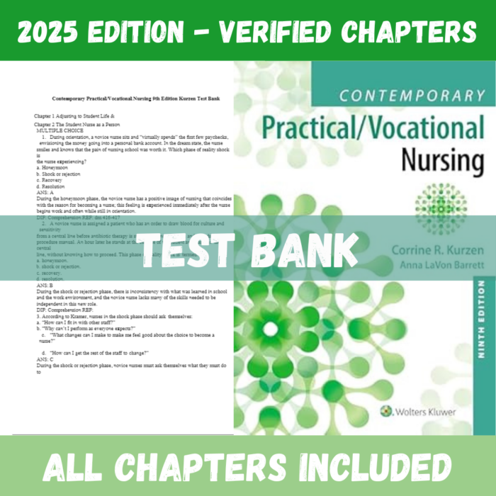 Test Bank - Contemporary Practical Vocational Nursing, 9th Edition (Kurzen, 2020)